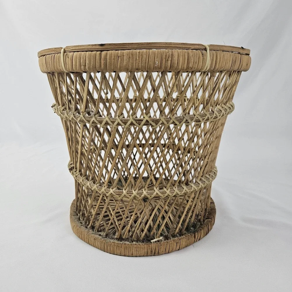 Vintage Boho Wicker Rattan Drum Planter Trash Can Mini Table Mid-Century Modern